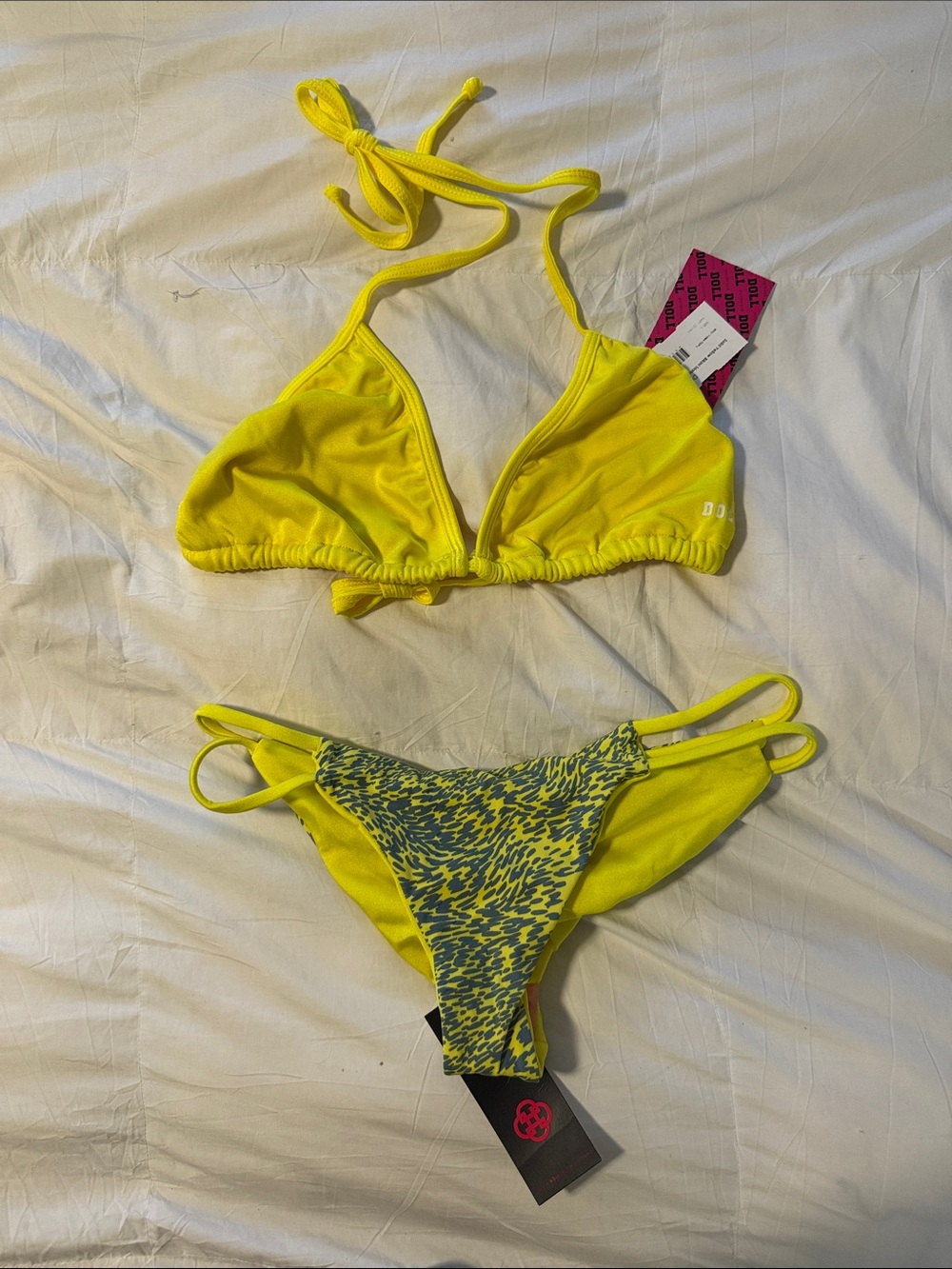 Doll Swimwear Neon Yellow Triangle Bikini Set (Large top/Small bottom)